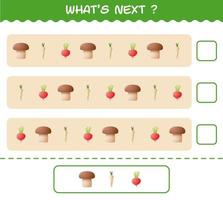 What's comes next educational game of cartoon vegetables. Find the regularity and continue the row task. Educational game for pre shool years kids and toddlers vector