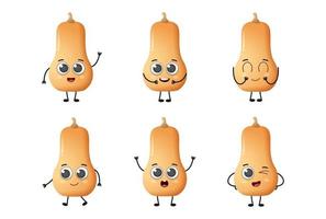 Set of cute cartoon butternut squash vegetables vector character set isolated on white background