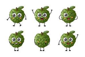 Set of cute cartoon custard apple fruit vector character set isolated on white background