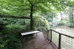 Table and chairs in a cafe in a city park photo