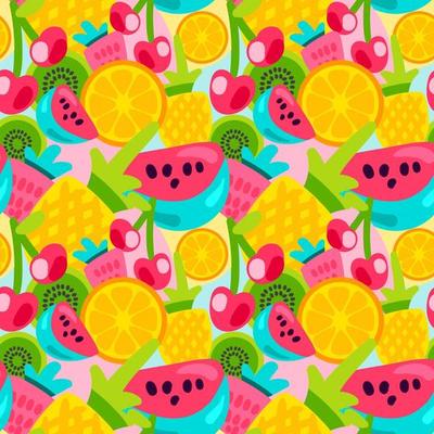 Summer Fruits Patterns In Bright Cartoon Style