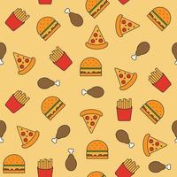 patrón sin costuras de comida rápida. patrón con hamburguesa, pizza, papas fritas, pollo vector
