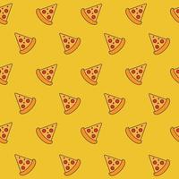Seamless pattern with pizza slice icons on yellow background. Fast food vector