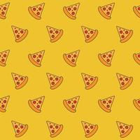 Seamless pattern with pizza slice icons on yellow background. Fast food vector