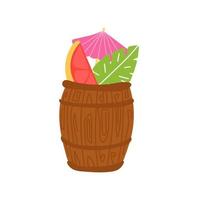 Tiki cocktail in a brown barrel glass. Citrus bar cocktail. Summer drink vector