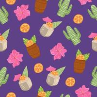 Vector seamless tiki drinks pattern on violet. Seamless pattern with cocktails