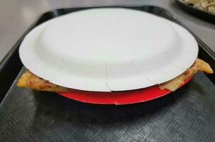 slices of pizza on tray between two paper plates photo