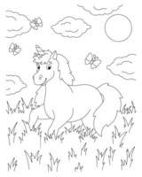 A cheerful unicorn jumps on the grass. Coloring book page for kids. Cartoon style character. Vector illustration isolated on white background.