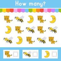 Counting game for children. Animal characters. Learning mathematics. How many object in the picture. Education worksheet. With space for answers. Isolated vector illustration in cute cartoon style.