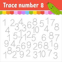 Trace number . Handwriting practice. Learning numbers for kids. Education developing worksheet. Activity page. Game for toddlers and preschoolers. Isolated vector illustration in cute cartoon style.