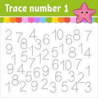 Trace number . Handwriting practice. Learning numbers for kids. Education developing worksheet. Activity page. Game for toddlers and preschoolers. Isolated vector illustration in cute cartoon style.