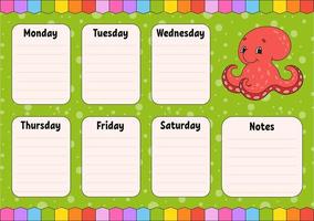 School schedule. Timetable for schoolboys. Empty template. Weekly planer with notes. Isolated color vector illustration. cartoon character.