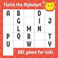 terminar el alfabeto. juego de abc para niños. hoja de trabajo de desarrollo educativo. juego de aprendizaje para niños. página de actividad de color.