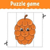 Puzzle game for kids. Cutting practice. Education developing worksheet. Autumn theme. Activity page. cartoon character. Vector illustration.