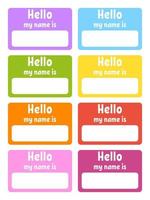 Hello name badge. Bright stickers. Rectangular label. Color vector isolated illustration.