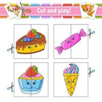 Cut and play. Flash cards. Color puzzle. Education developing worksheet. Birthday theme. Activity page. Game for children. Funny character. Isolated vector illustration. cartoon style.