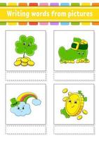 Writing words from pictures. Education developing worksheet. Activity page for kids. Puzzle for children. Isolated vector illustration. cartoon characters. St. Patrick's day.