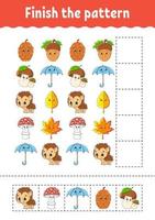 Finish the pattern. Cut and play. Education developing worksheet. Autumn theme. Activity page. cartoon character. Vector illustration.