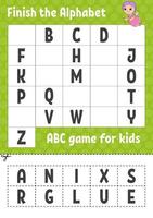 Finish the alphabet. ABC game for kids. Cut and glue. Education developing worksheet. Learning game for kids. Color activity page. vector