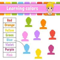 Learning colors. Education developing worksheet. Activity page with pictures. Game for children. Isolated vector illustration. Funny character. cartoon style.