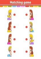 Matching game. Draw a line. Education developing worksheet. Activity page with color pictures. Riddle for children. Isolated vector illustration. Cute character. Cartoon style.