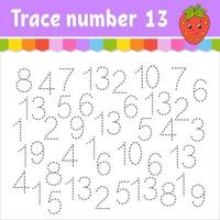 Trace number . Handwriting practice. Learning numbers for kids. Education developing worksheet. Activity page. Game for toddlers and preschoolers. Isolated vector illustration in cute cartoon style.