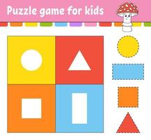 Puzzle game for kids. Cut and paste. Cutting practice. Learning shapes. Education worksheet. Circle, square, rectangle, triangle. Activity page. Cartoon character. vector