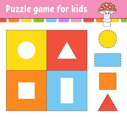 Puzzle game for kids. Cut and paste. Cutting practice. Learning shapes. Education worksheet. Circle, square, rectangle, triangle. Activity page. Cartoon character.