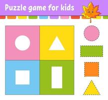 Puzzle game for kids. Cut and paste. Cutting practice. Learning shapes. Education worksheet. Circle, square, rectangle, triangle. Activity page. Cartoon character. vector