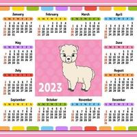 calendario para 2023 con un lindo personaje. diseño divertido y brillante. ilustración de vector de color aislado. estilo de dibujos animados