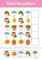 Finish the pattern. Cut and play. Education developing worksheet. Autumn theme. Activity page. cartoon character. Vector illustration.