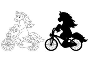 Cheerful unicorn rides a bicycle. Coloring book page for kids. Cartoon style character. Vector illustration isolated on white background.