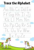 Writing letters. Tracing page with unicorn. Practice sheet. Worksheet for kids. Learn alphabet. Cute character. Color vector illustration. Cartoon style.