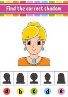 Find the correct shadow. Education developing worksheet. Activity page. Color game for children. Isolated vector illustration. Cartoon character.