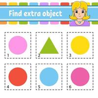 Find extra object. Educational activity worksheet for kids and toddlers. Game for children. Cute characters. Simple flat color isolated vector illustration in cartoon style.