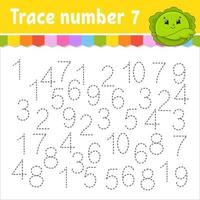 Trace number . Handwriting practice. Learning numbers for kids. Education developing worksheet. Activity page. Game for toddlers and preschoolers. Isolated vector illustration in cute cartoon style.