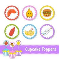 Cupcake Toppers. Set of six round pictures. Barbecue theme. cartoon characters. Cute image. For birthday, baby shower. vector