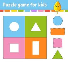 Puzzle game for kids. Cut and paste. Cutting practice. Learning shapes. Education worksheet. Circle, square, rectangle, triangle. Activity page. Cartoon character. vector