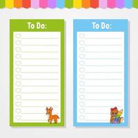 To do list for kids. Empty template. The rectangular shape. Isolated color vector illustration. Funny character. cartoon style. For the diary, notebook, bookmark.