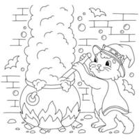 The cat brews a potion in the dungeon in a large cauldron. Coloring book page for kids. Cartoon style character. Vector illustration isolated on white background.