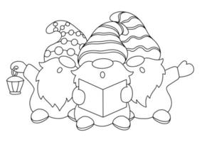 The dwarfs are singing Christmas carols. Coloring book page for kids. Cartoon style character. Vector illustration isolated on white background.