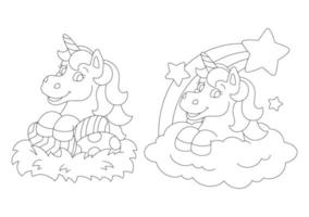 Set of two fabulous unicorns. Coloring book page for kids. Cartoon style character. Vector illustration isolated on white background.