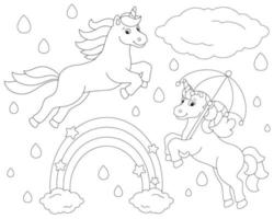 Rainbow, rain and cute unicorns. Coloring book page for kids. Cartoon style character. Vector illustration isolated on white background.