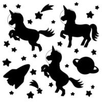 Magic fairy unicorn Astronaut travels in outer space. . Cute horse. Black silhouette. Design element. Vector illustration isolated on white background.
