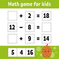Math game for kids. Education developing worksheet. Activity page with pictures. Game for children. Color isolated vector illustration. Funny character. Cartoon style.