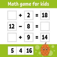 juego de matemáticas para niños. hoja de trabajo de desarrollo educativo. página de actividades con imágenes. juego para niños. Ilustración de vector aislado de color. personaje divertido. estilo de dibujos animados.