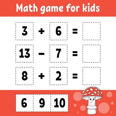 Math game for kids. Education developing worksheet. Activity page with pictures. Game for children. Color isolated vector illustration. Funny character. Cartoon style.