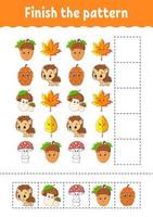 Finish the pattern. Cut and play. Education developing worksheet. Autumn theme. Activity page. cartoon character. Vector illustration.