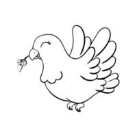 The dove holds an olive branch in its beak. Dove is symbol peace and love. Coloring page for kids. Digital stamp. Cartoon style character. Vector illustration isolated on white background.