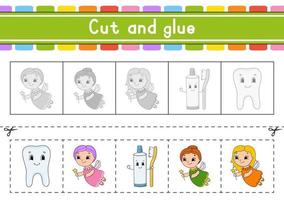 Cut and play. Paper game with glue. Flash cards. Education worksheet. Activity page. Scissors practice. Isolated vector illustration. cartoon style.